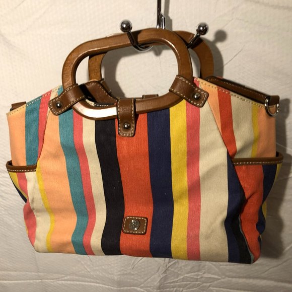 Pastels and Navy Canvas Bag with Wooden Handles - Picture 1 of 11